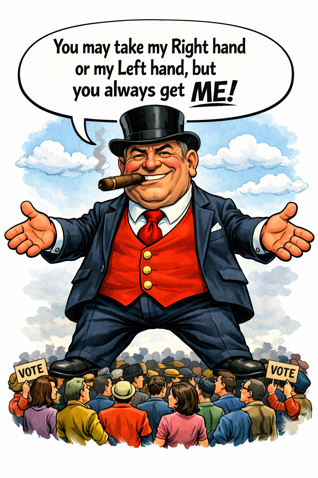 Political cartoon of plutocrat towering over electorate